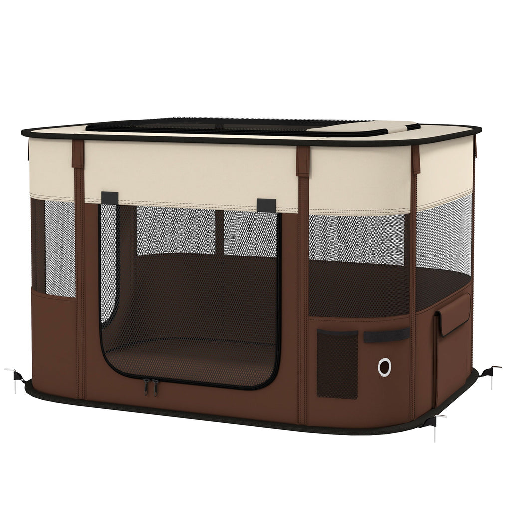 PawHut Foldable Dog Pen with Storage Bag for Indoor/Outdoor Use, Portable Pet playpen, with Ground Stakes - Brown