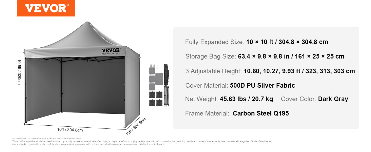 VEVOR 10x10 FT Pop up Canopy with Removable Sidewalls Portable Gazebo & Wheeled Bag  UV Resistant Waterproof Tent for Patio