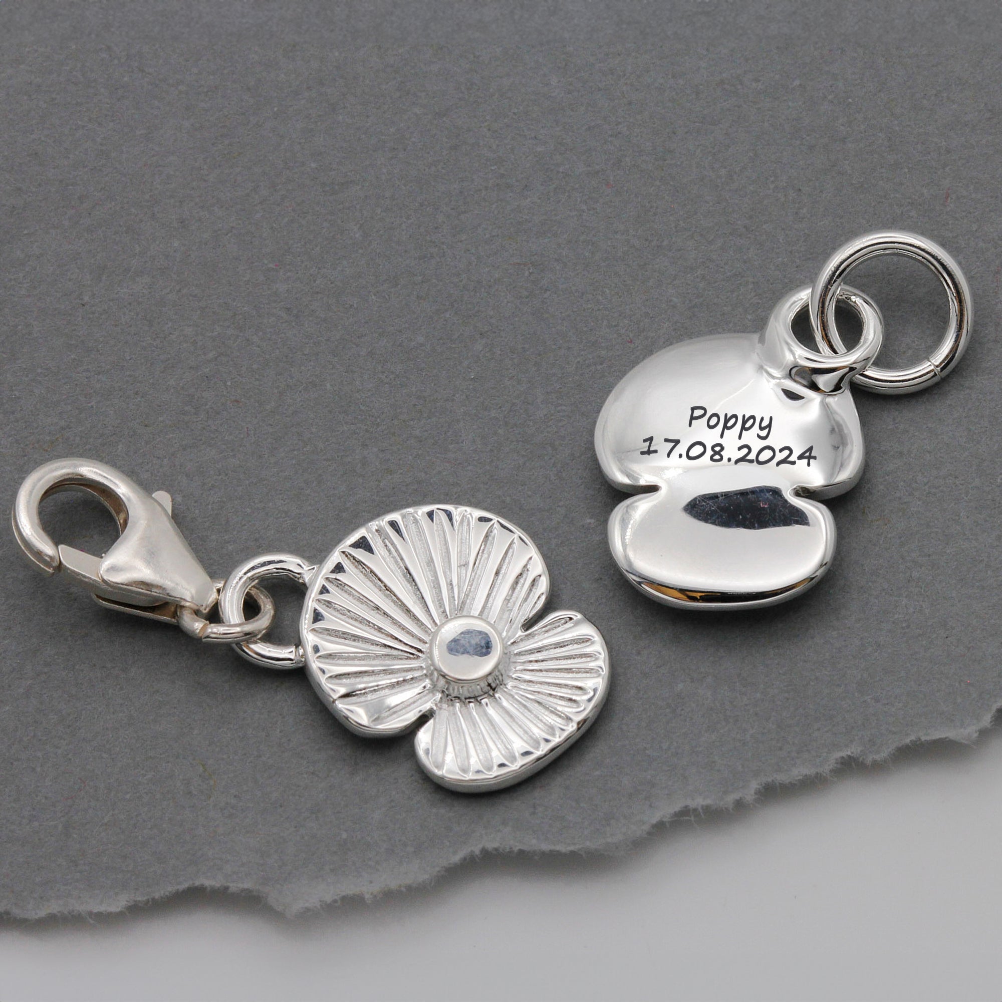 Poppy Flower Personalised Silver Charm