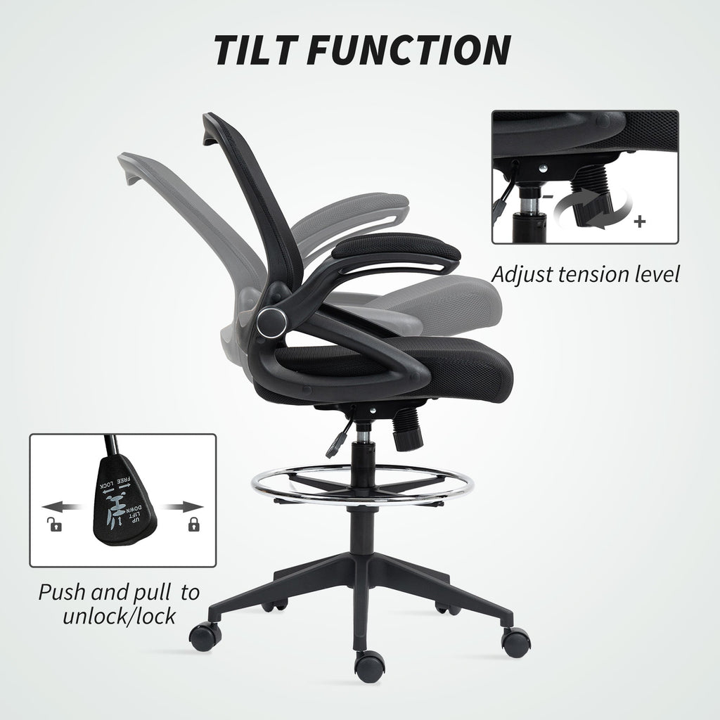 Vinsetto Drafting Chair with Flip-up Armrest, Mesh Office Stool with Foot Ring, 360° Swivel Height Adjustable Chair for Standing Desk, Black