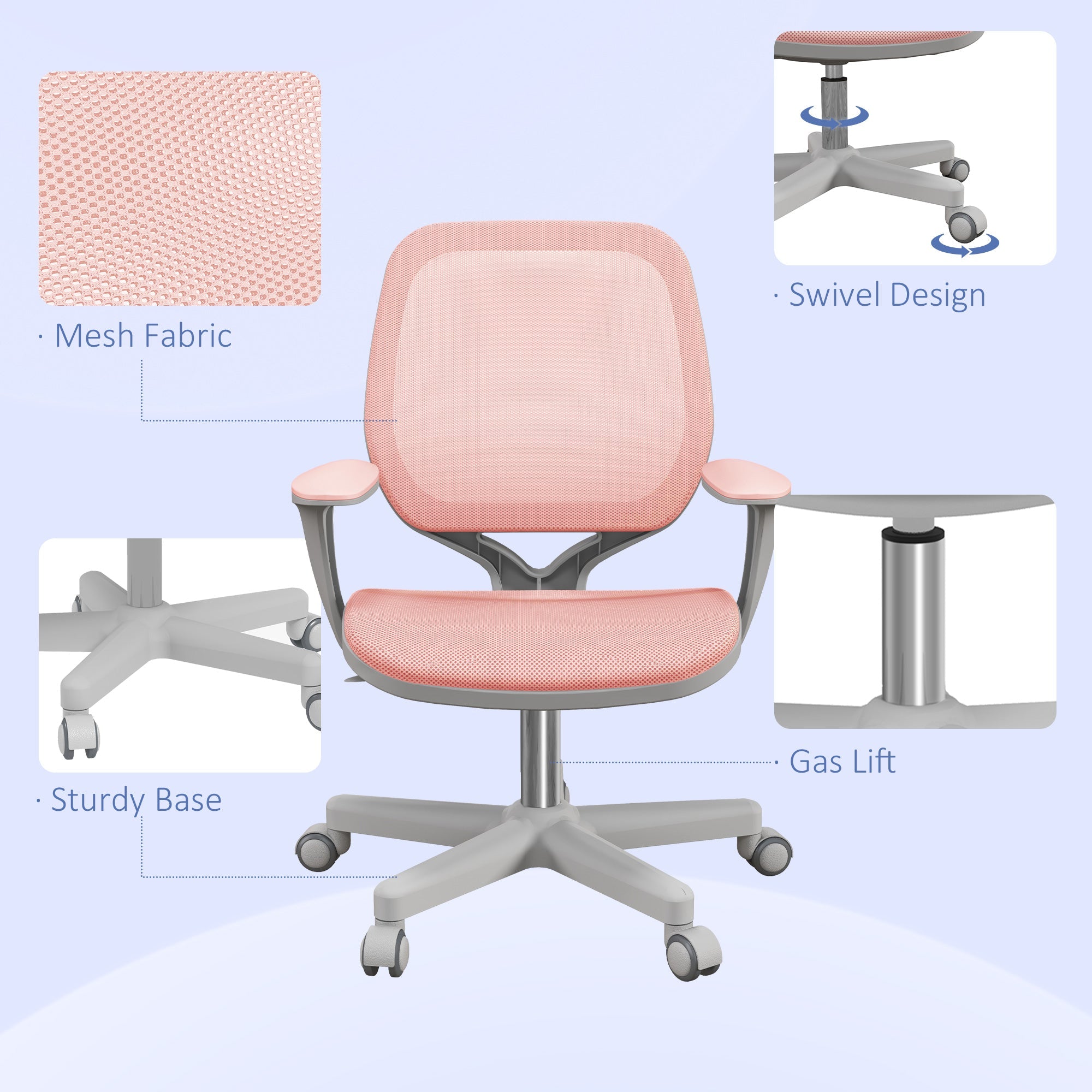 Vinsetto Office Chair, Breathable Mesh Swivel Desk Chair with Adjustable Height and  360° Swivel Security Wheels for Home Office, Study, Pink