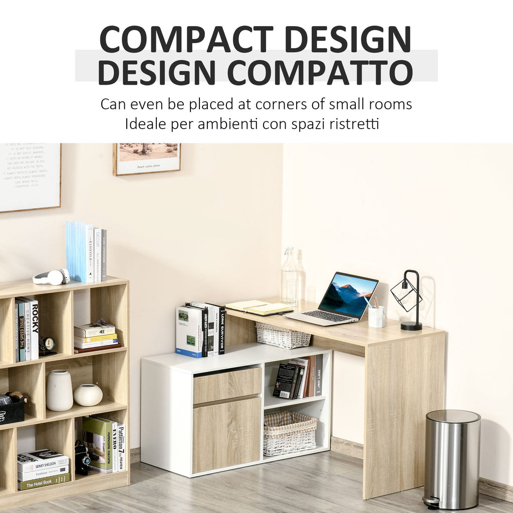 HOMCOM L-Shaped Desk, Corner Computer Desk with Storage Drawer, Adjustable Shelf, Cabinet for Home Office and Study, 120 x 92 x 75cm, Oak and White
