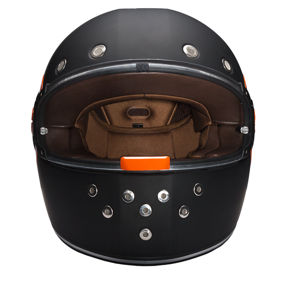 DOT & ECE Approved Daytona Retro Full Face Motorcycle Helmet: Vintage Style for Men, Women, & Youth - Dull Black W/ Orange Accents