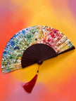 Colourful Silk folding hand fan 'kaleido-bloom' print with floral & nature filled rainbow design