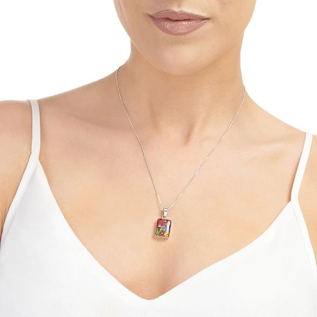 Mixed Flower Rectangle Pendant Necklace