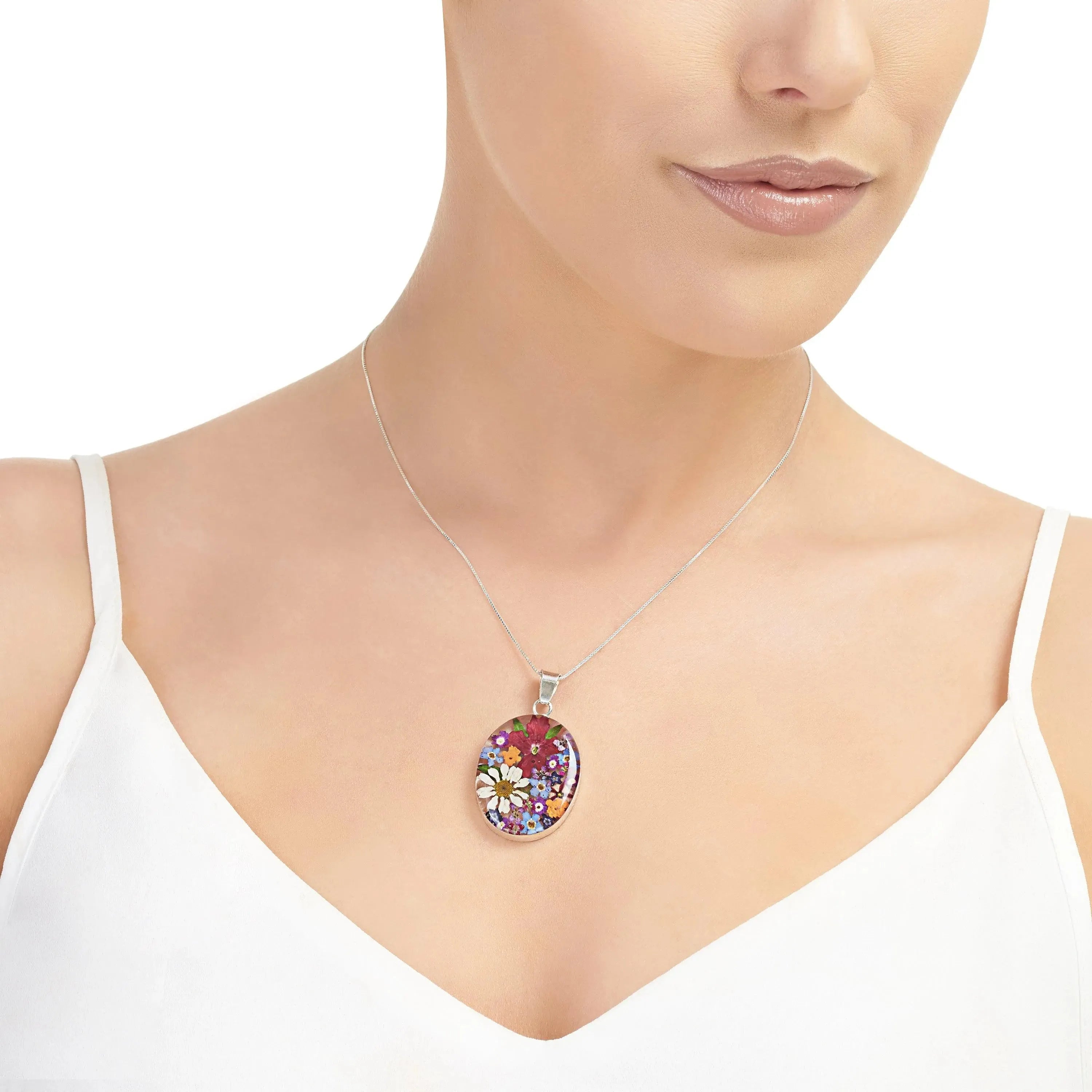 Mixed Flower Large Oval Pendant Necklace
