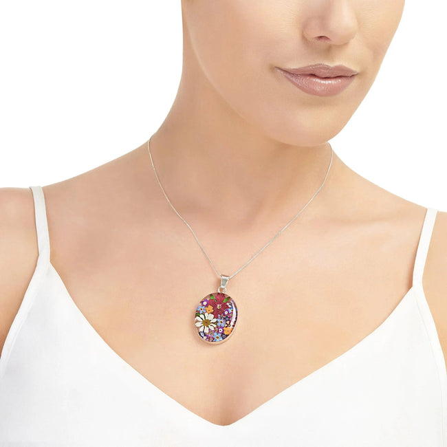 Mixed Flower Large Oval Pendant Necklace