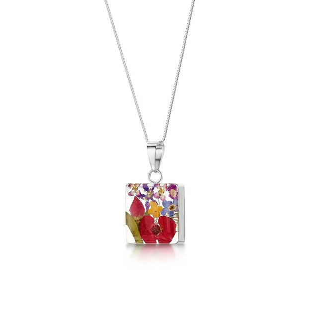 Mixed Flower Square Pendant Necklace