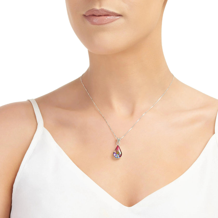 Mixed Flower Teardrop Pendant Necklace