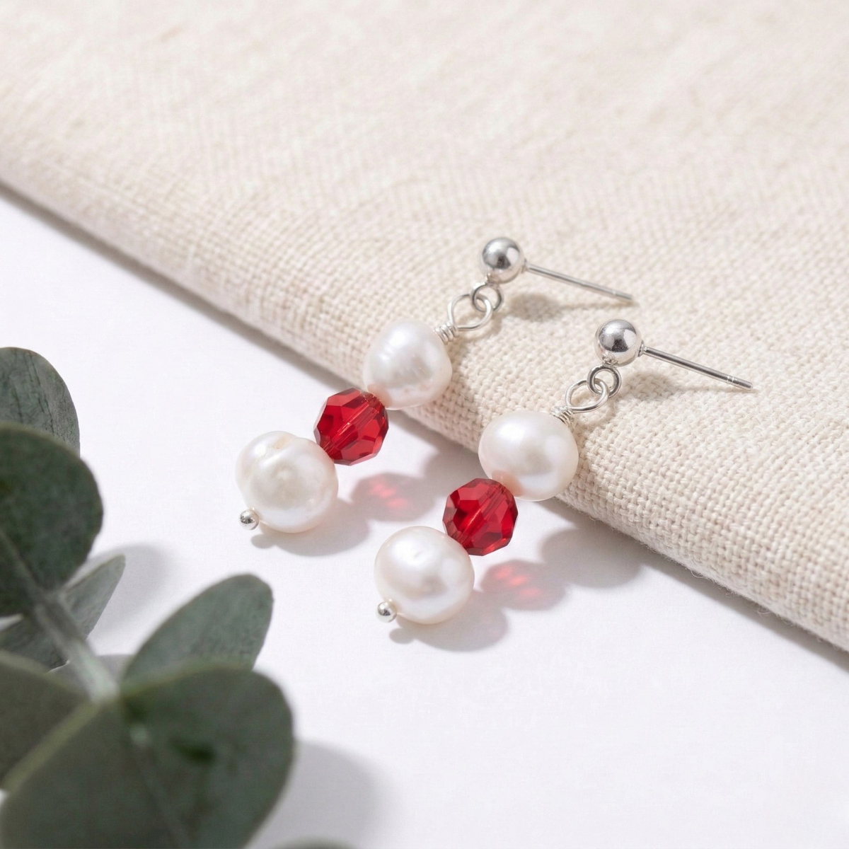 Freshwater Pearl and Scarlet Earrings