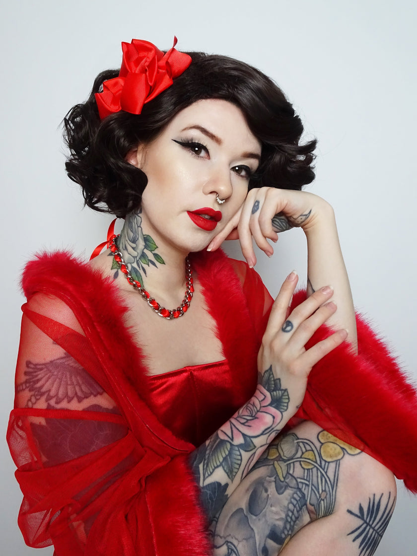 Red Ribbon Chain and Heart Padlock Choker
