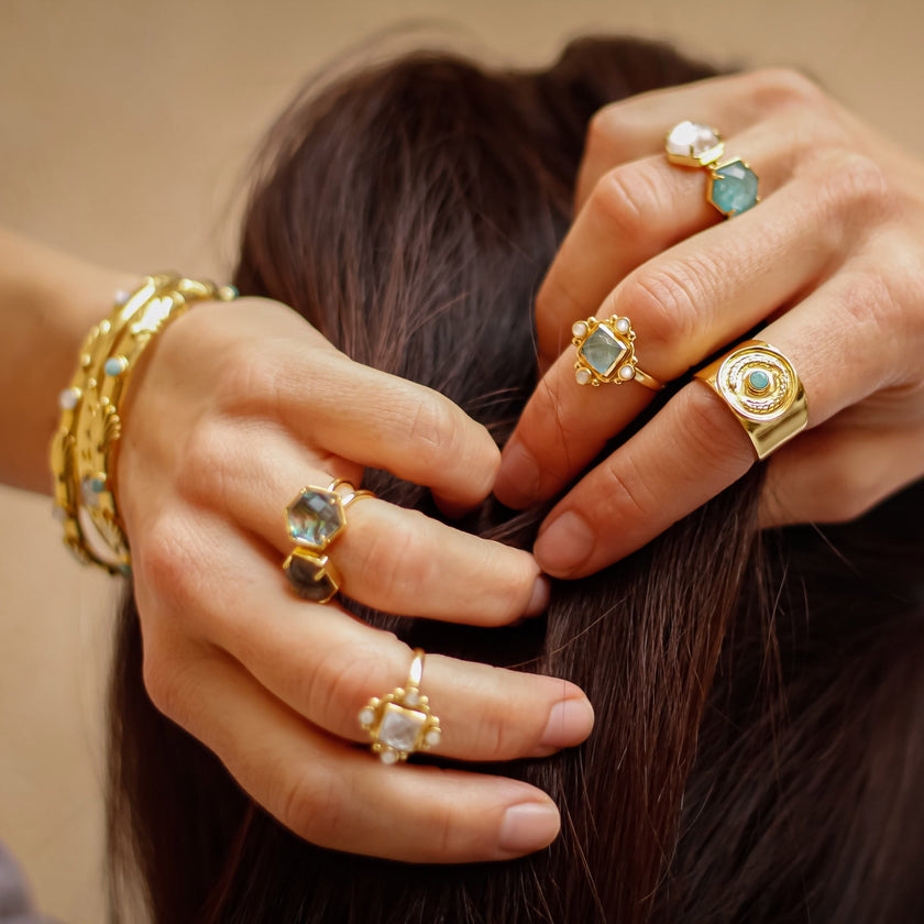 Kotinos Olive Wreath Coin Ring: Amazonite