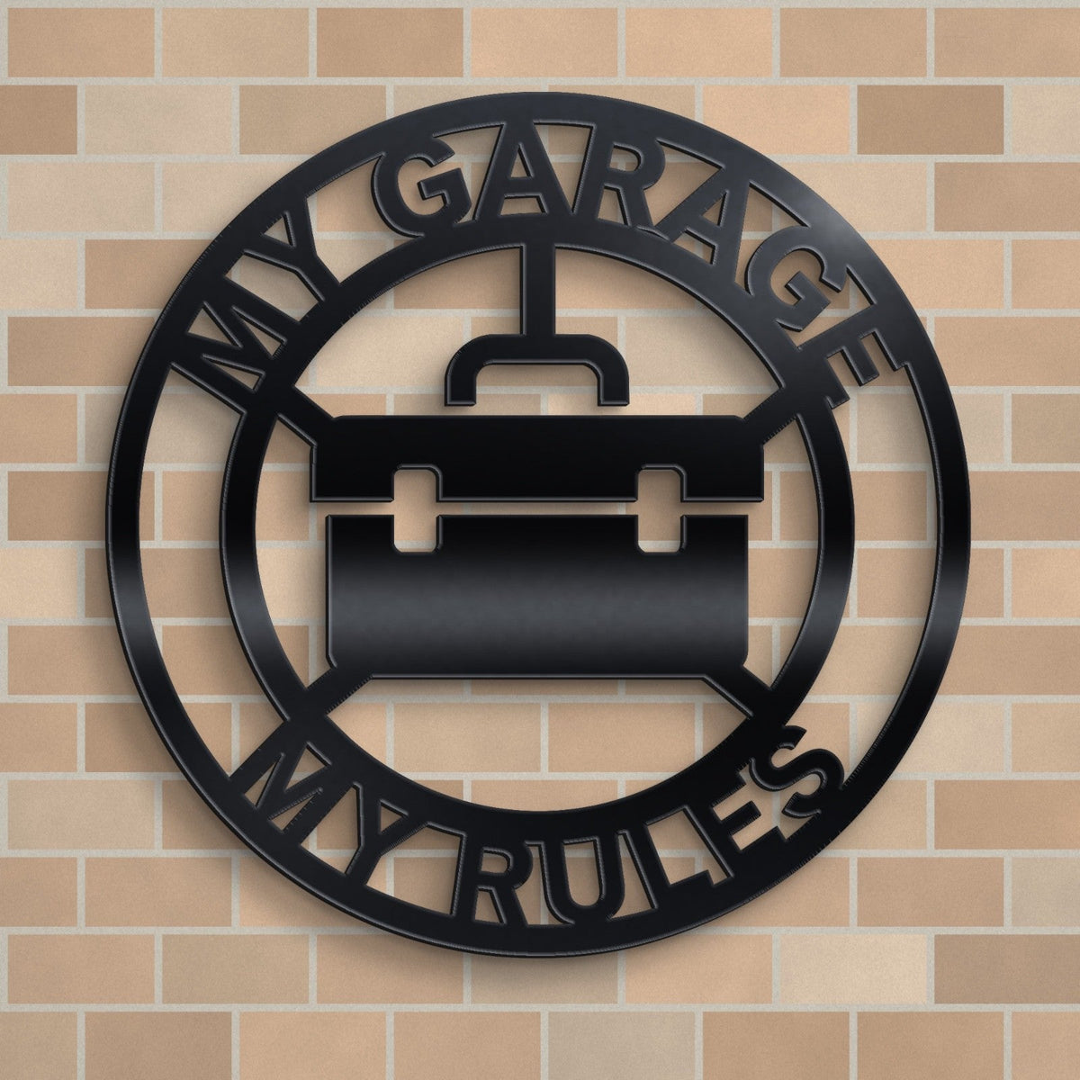 My Garage My Rules Round Metal Sign – 30cm | Gloss Black Steel