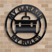 My Garage My Rules Round Metal Sign – 30cm | Gloss Black Steel