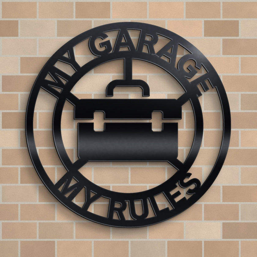 My Garage My Rules Round Metal Sign – 30cm | Gloss Black Steel