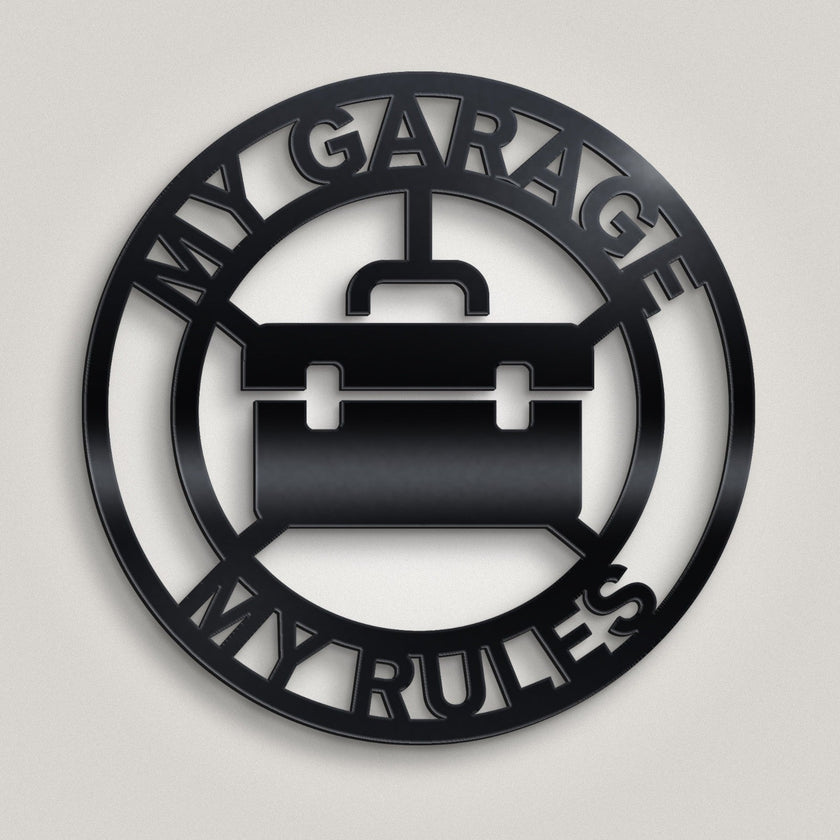 My Garage My Rules Round Metal Sign – 30cm | Gloss Black Steel
