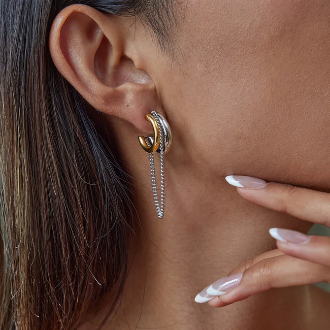 Dual Tone Chain Hoop Earrings