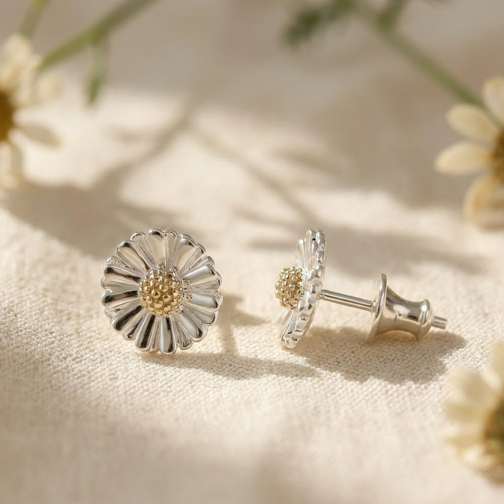 Daisy Silver & Solid Gold Stud Earrings