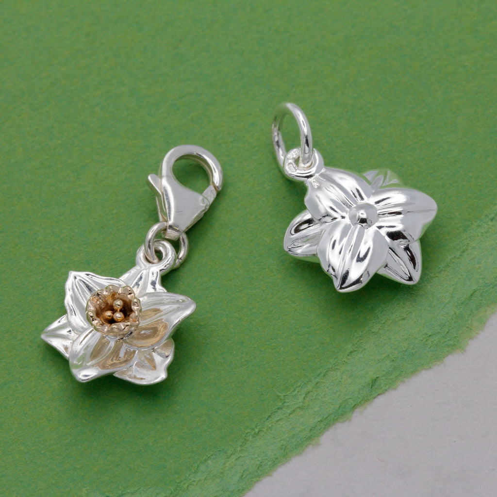 Daffodil Flower Silver & Solid Gold Charm