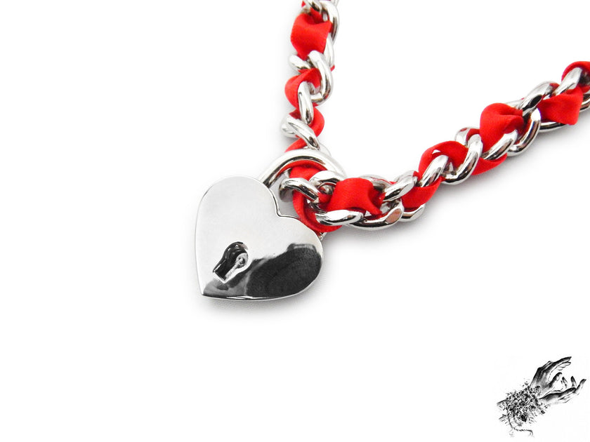 Red Ribbon Chain and Heart Padlock Choker