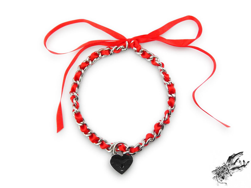 Red Ribbon Chain and Heart Padlock Choker