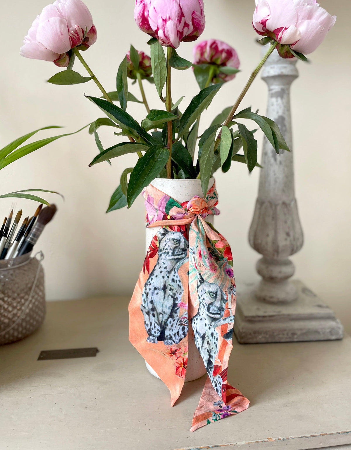 Peach botanical 'Panthera' skinny Silk scarf, delicate, lightweight Twilly style scarf accessory with animal print texture