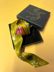 Ochre yellow Silk satin 'Helios' Ultra Skinny silk scarf with mushrooms and sunflowers