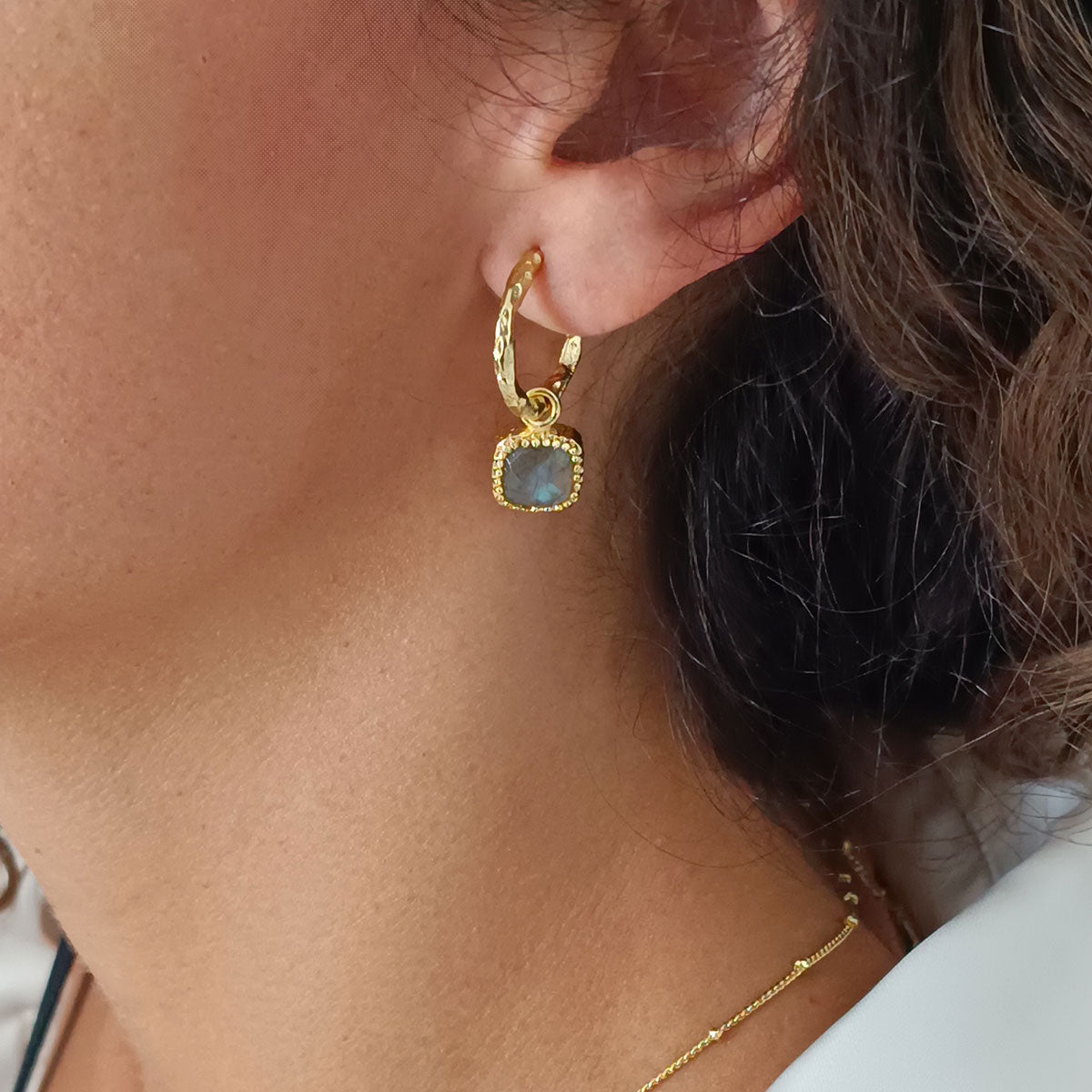 Tetra Square Gemstone Charm Hoops with Labradorite
