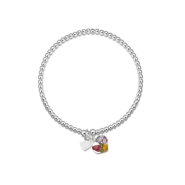 Mixed Flower Heart Stretch Silver Beaded Bracelet