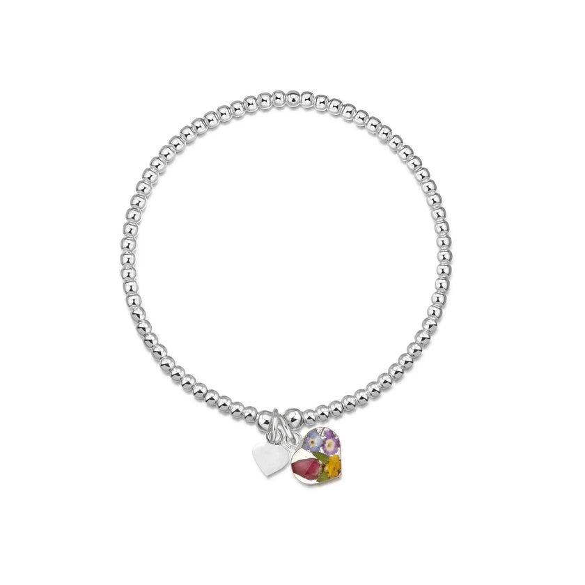 Mixed Flower Heart Stretch Silver Beaded Bracelet