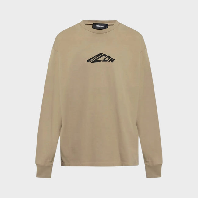 T-shirt ample à manches longues avec logo beige