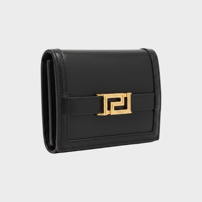 Billetera Greca Bifold de Piel de Becerro Negra