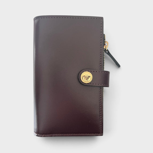Portefeuille compact Medusa en cuir de veau marron bordeaux