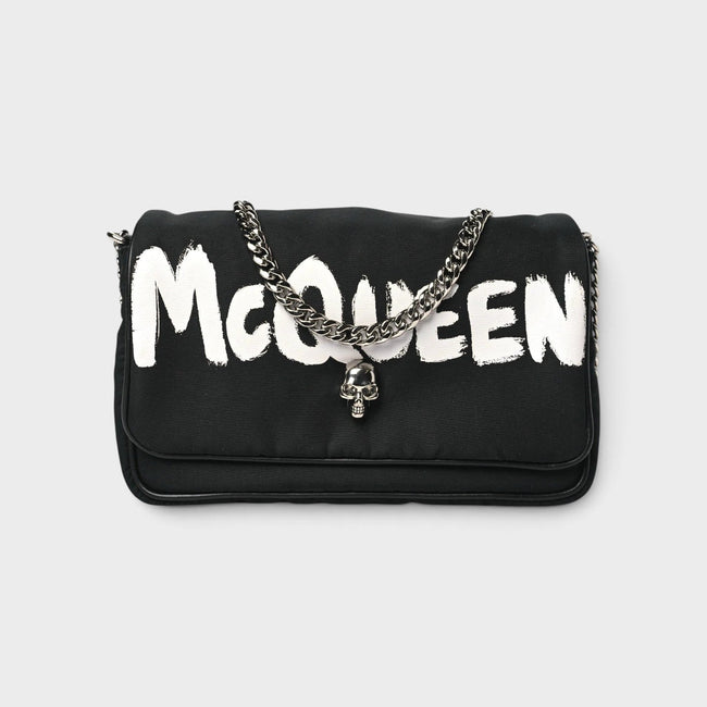 Sac bandoulière petit modèle à motif tête de mort en nylon noir et blanc