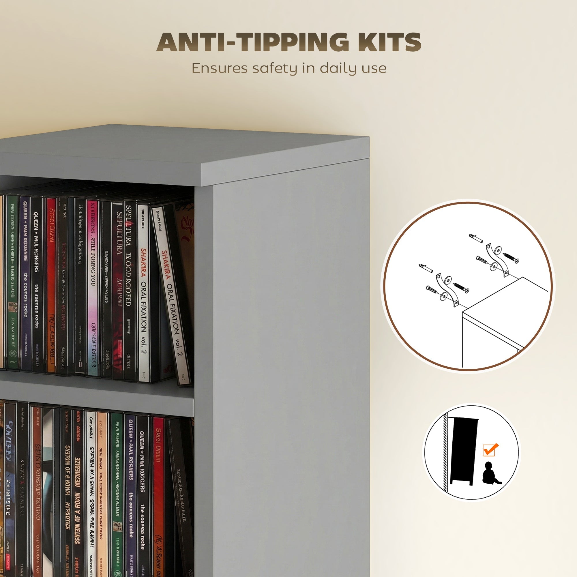 HOMCOM Set of 2 CD Media Display Shelf Unit Tower Rack with Adjustable Shelves, Light Grey