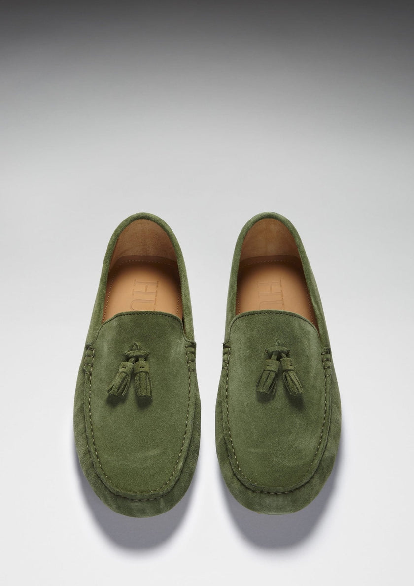 Tasselled Driving Loafers, safari green suede