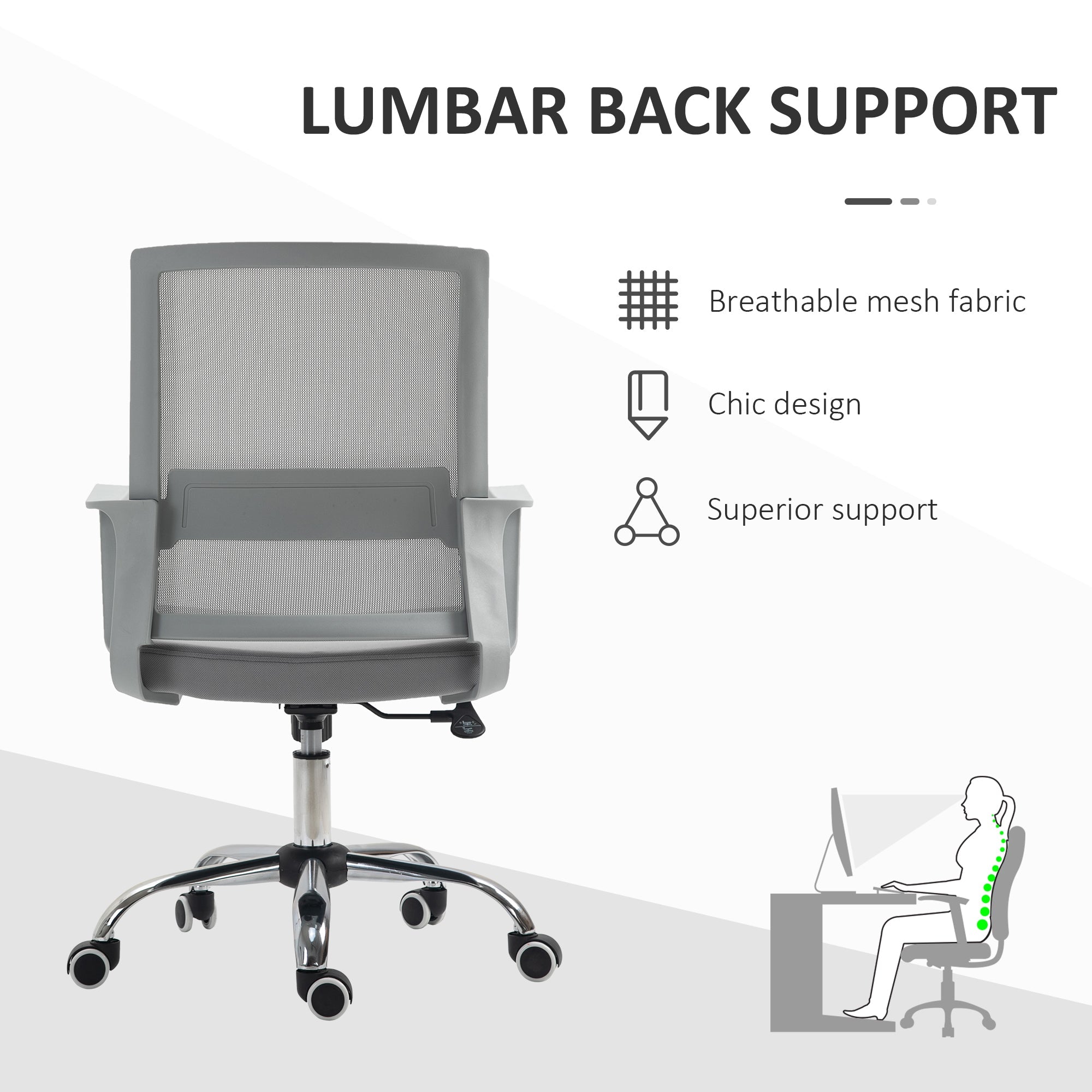 Vinsetto Ergonomic Desk Chair Mesh Office Chair with Adjustable Height Armrest and 360\'c2\'b0 Swivel Castor Wheels Grey