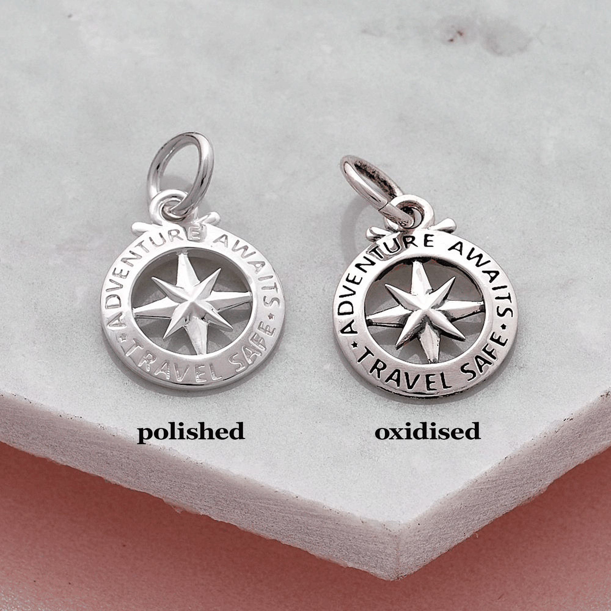 Travel Safe Outline Compass Silver Charm