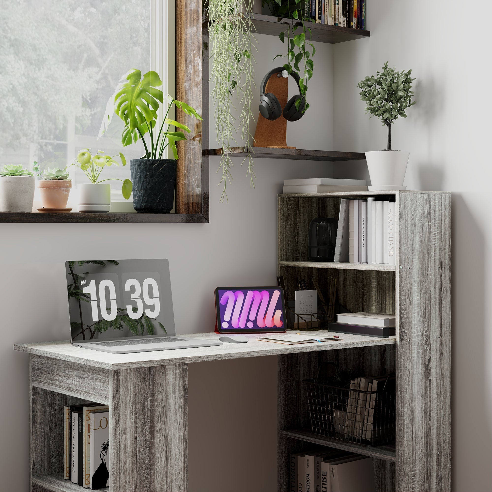 HOMCOM 120cm Modern Computer Desk Bookshelf Study Table Workstation PC Laptop Writing Home Office 6 Shelves, Grey Wood-Effect
