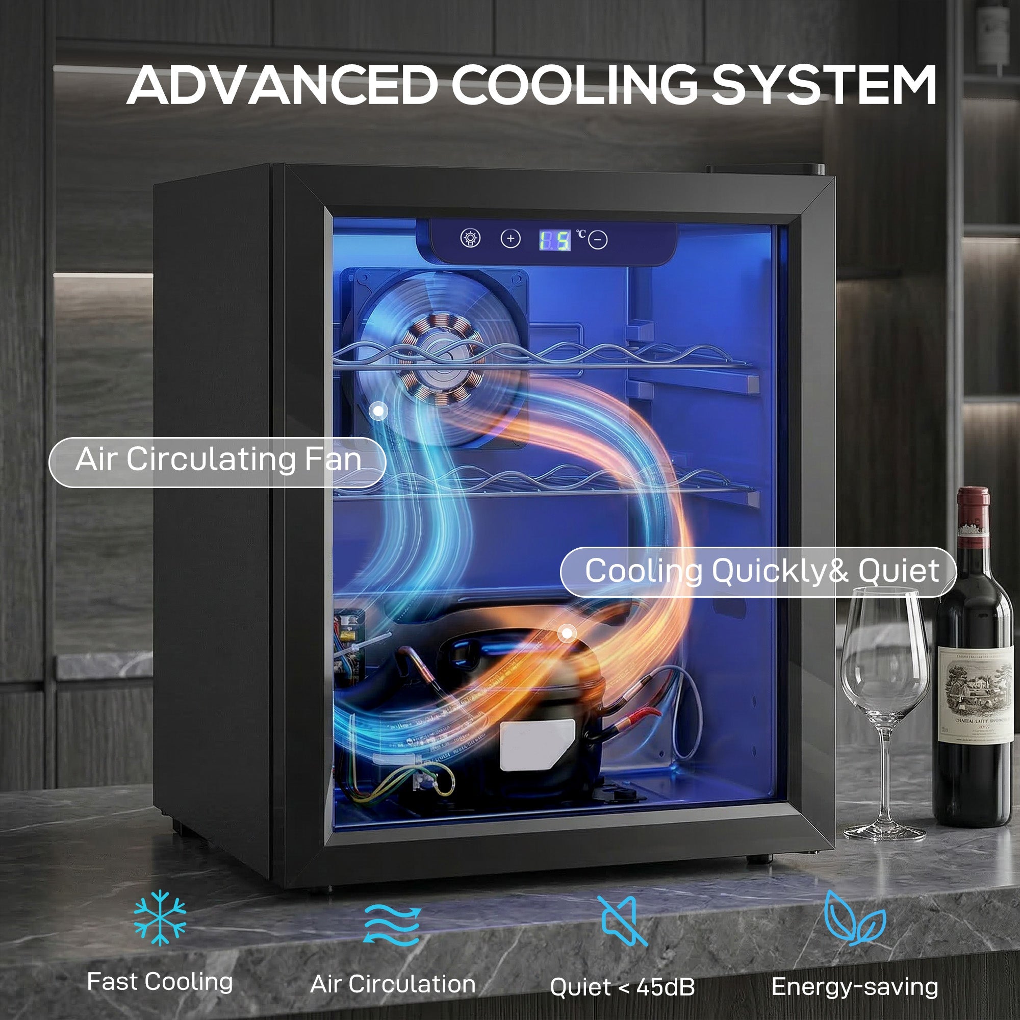 HOMCOM 16 Bottle Wine Cooler, 48 Litre Capacity, 4-16°C Under Counter Drinks Beer Wine Fridge with Glass Door, LED Light, Black