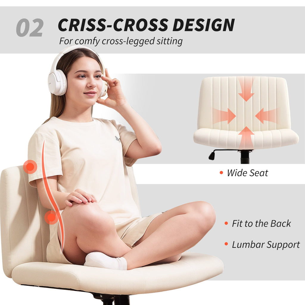 HOMCOM Armless Office Chair No Wheels, Linen Fabric Criss Cross Legged Desk Chair with Wide Seat, Thick Padding, Tilt Function, Height Adjustable Swivel Computer Seat for Home, Cream