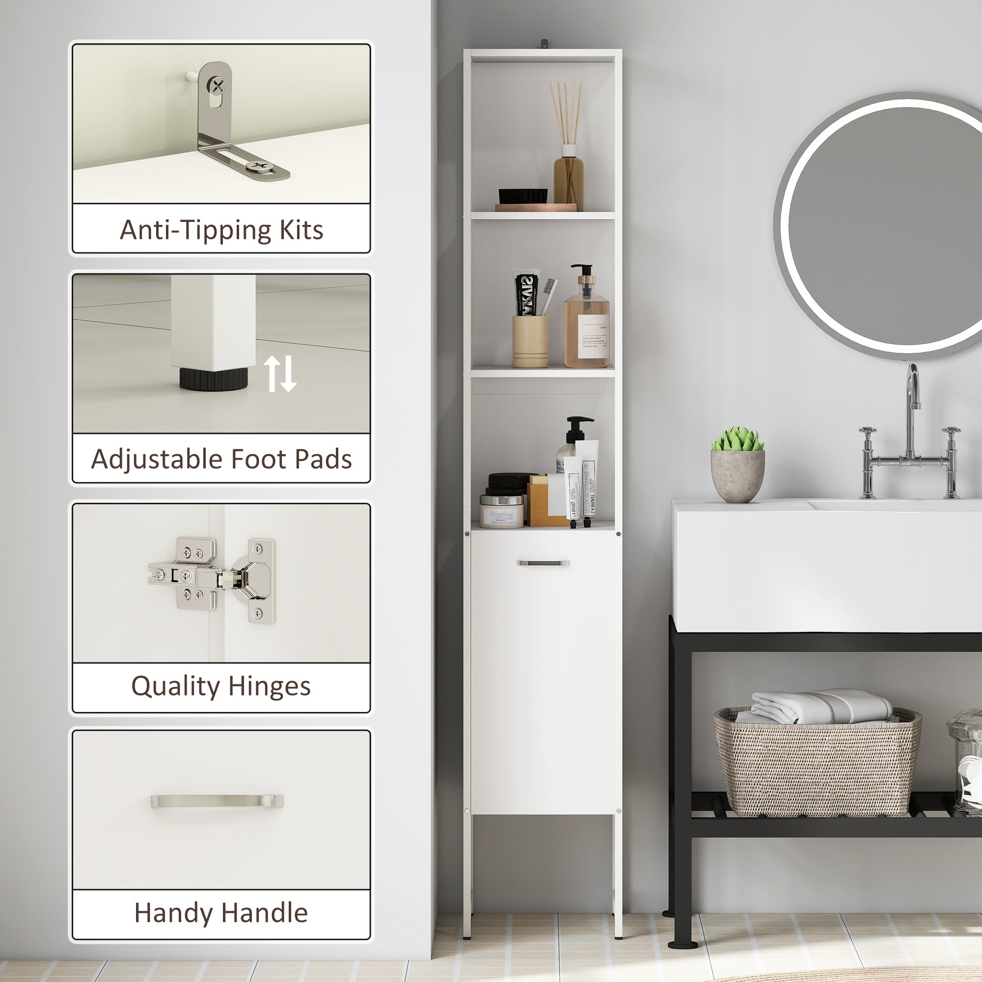 HOMCOM Tall Bathroom Cabinet with Open Shelves and Adjustable Shelf - White