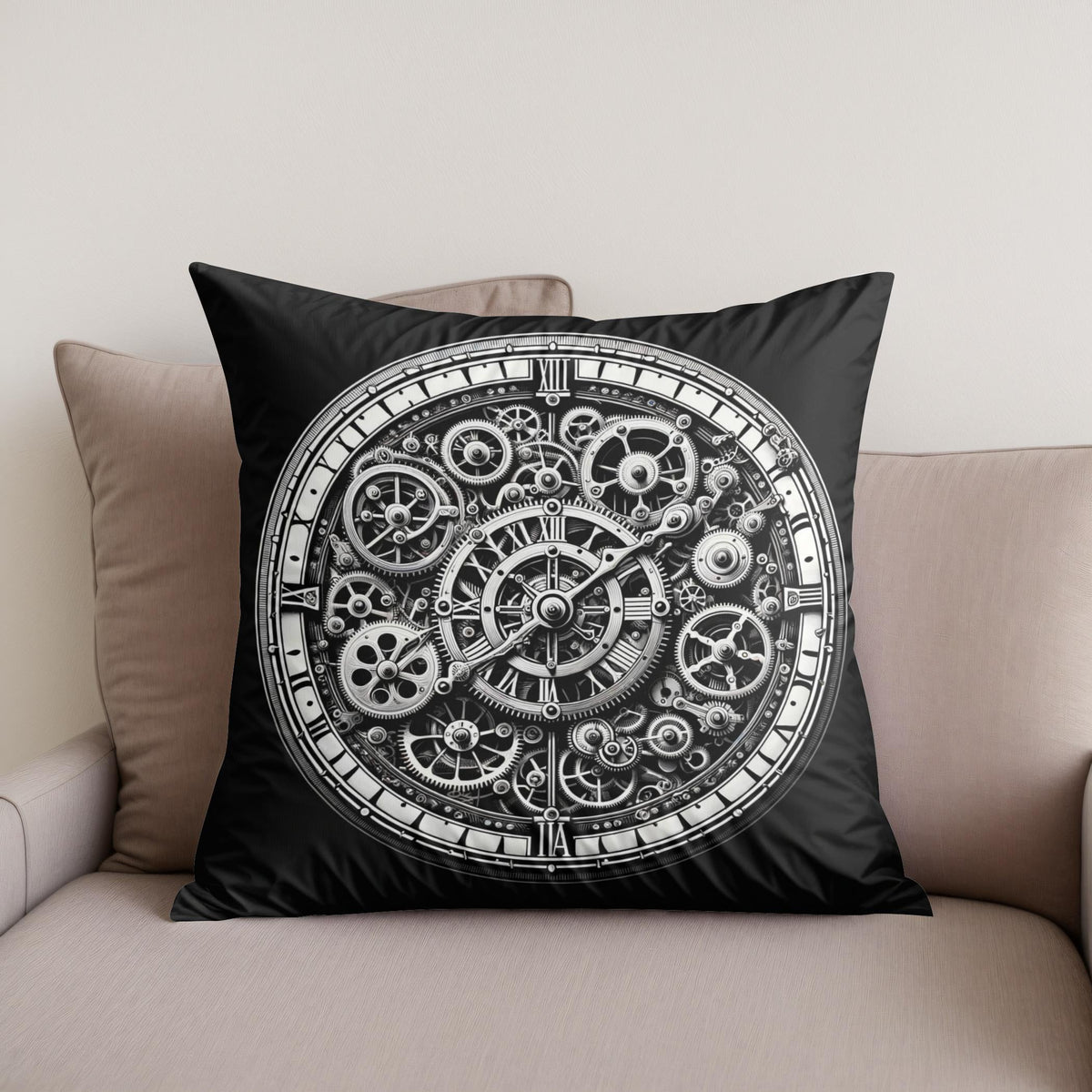 Intricate Time: Clockwork Cotton Cushion