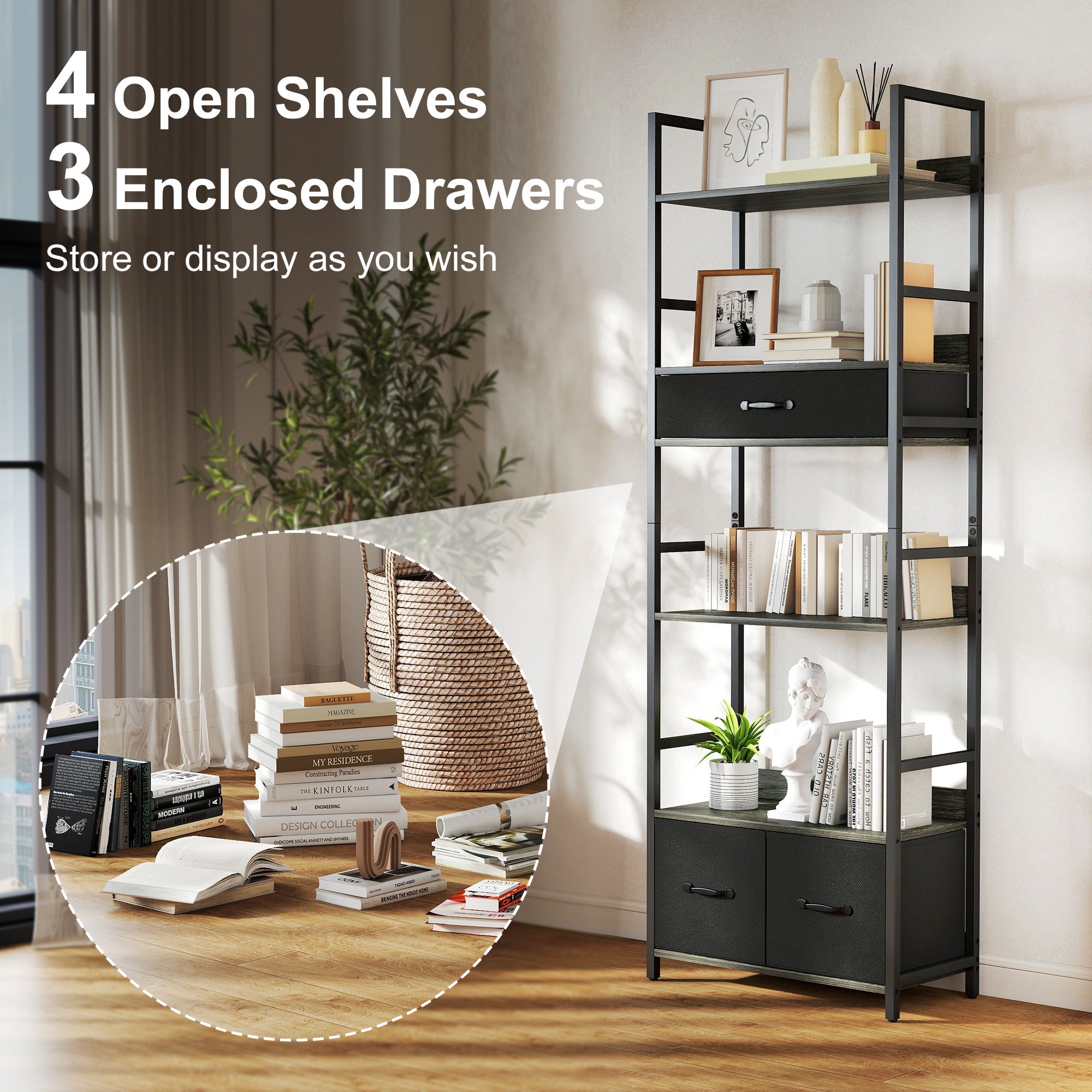 HOMCOM Industrial Style Bookcase, with 4 Shelves and 3 Fabric Drawers - Grey/Black