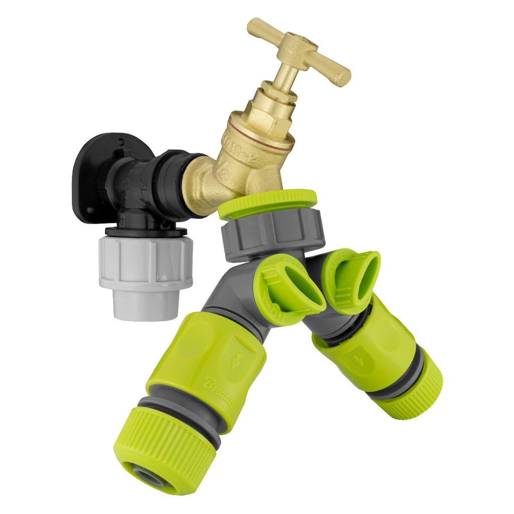 Wall Flange Kit 20mm MDPE - Brass Tap & Two Way Splitter & Connectors