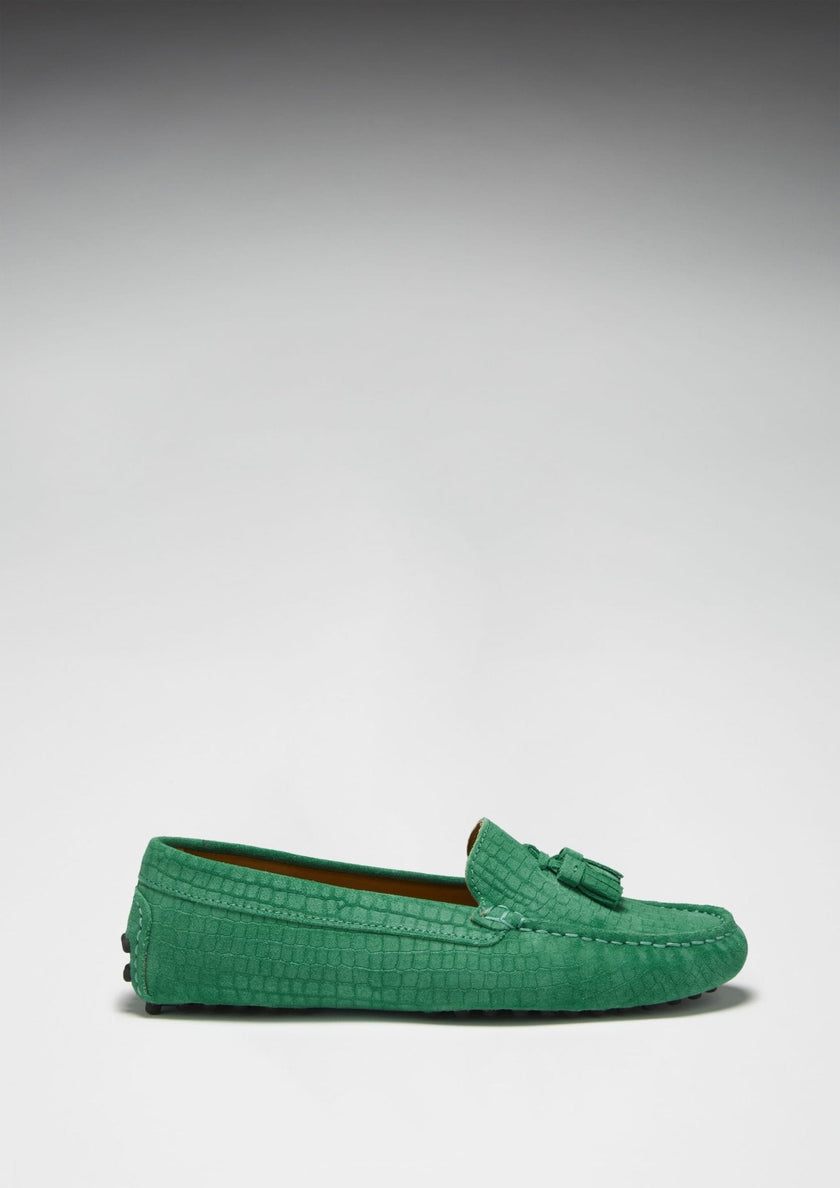 Women's Tasselled Driving Loafers, emerald embossed suede