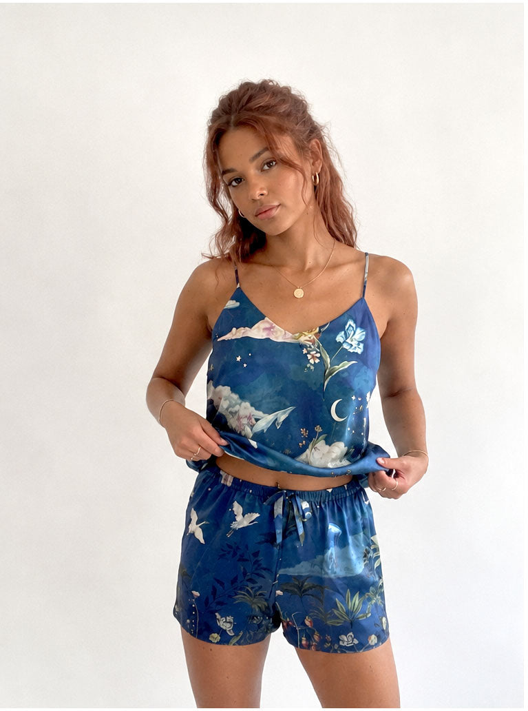 Blue silk pyjama set in 'Wonderous'  night sky Print, luxury lounge wear
