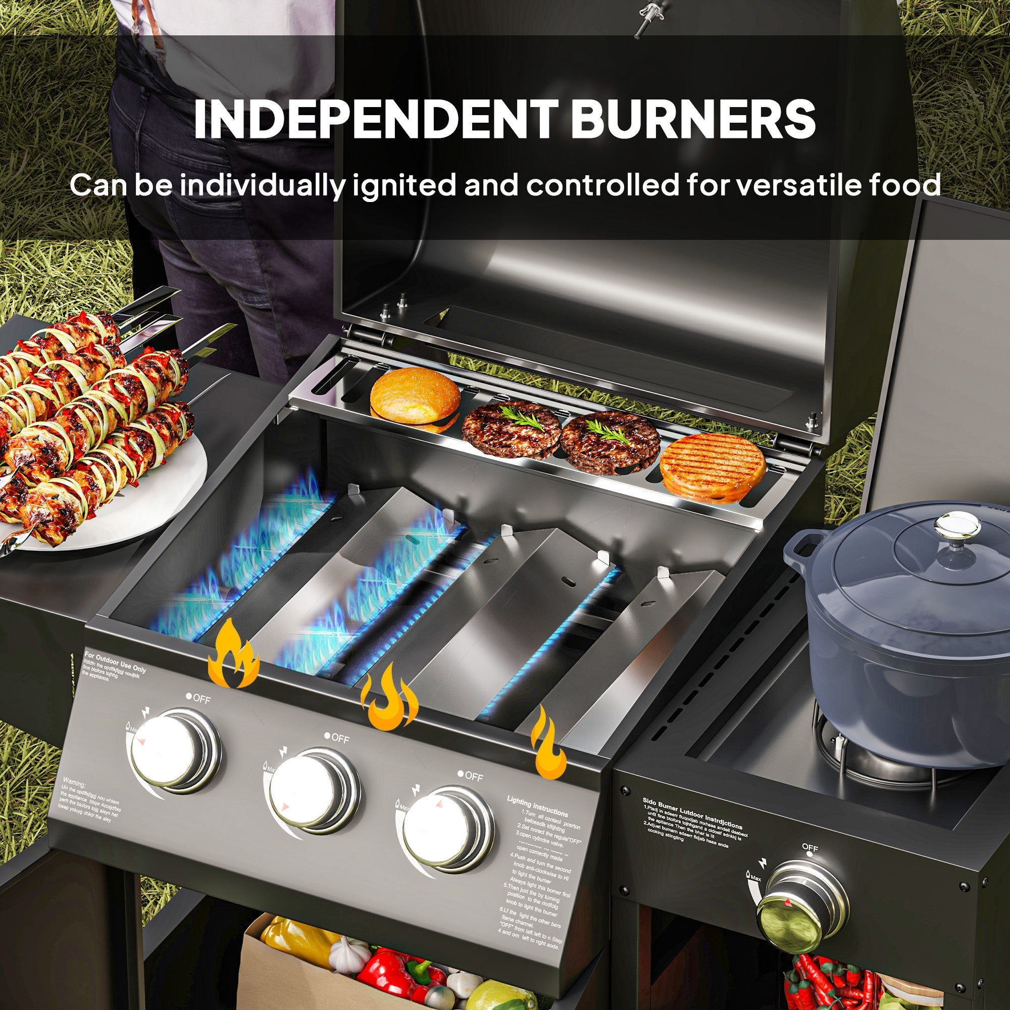 Outsunny 3+1 Burner Gas BBQ Grill with Storage Cabinet and Shelves, 11.6 kW Gas Barbecue Trolley with 6 Castor Wheels, Warming Rack, Thermometer for Outdoor Cooking Garden Party, Black