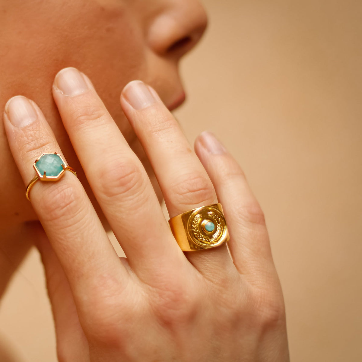 Kotinos Olive Wreath Coin Ring: Amazonite