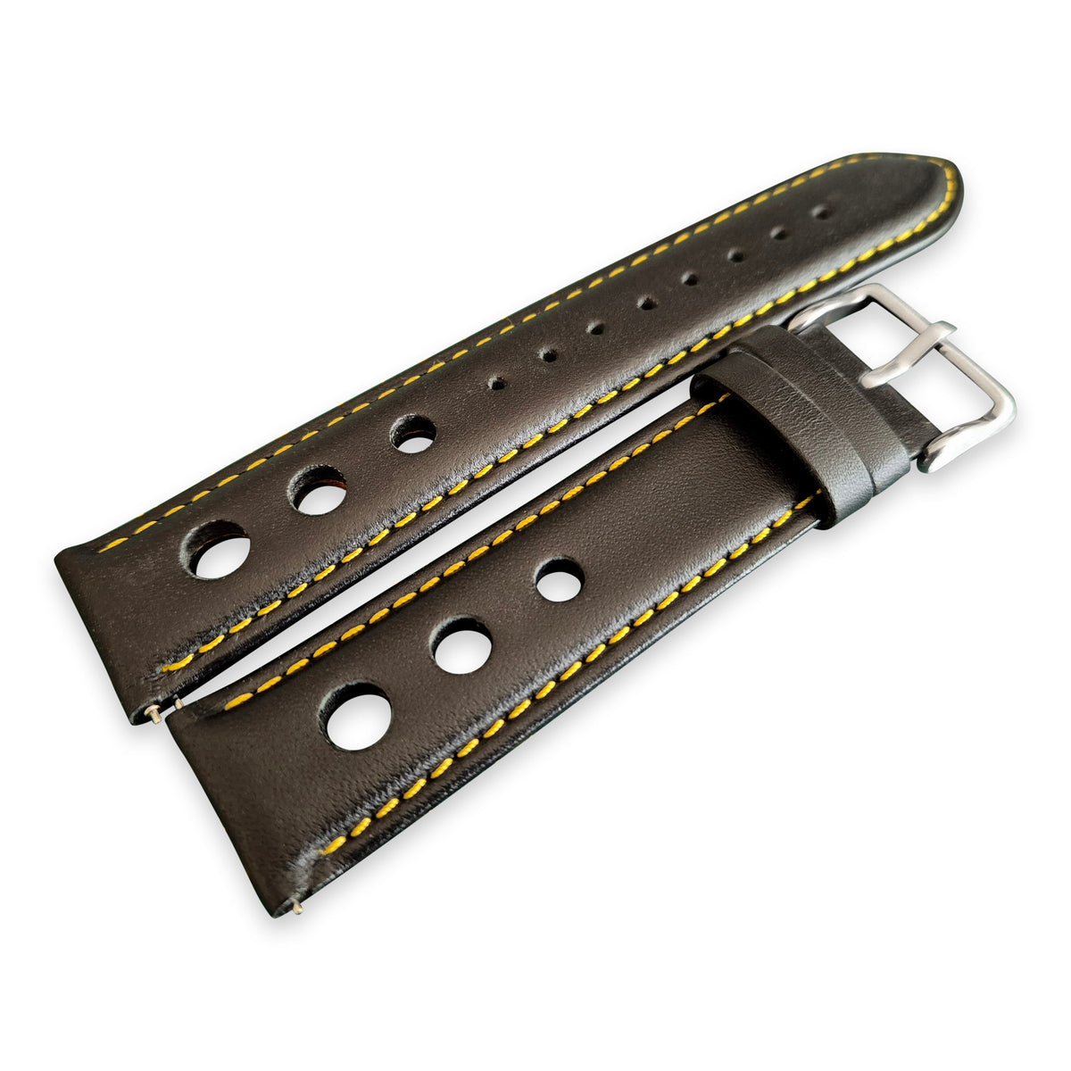 Black And Yellow Leather Rally Hole Watch Strap